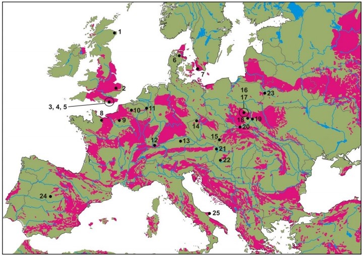 Foto 16: Mapa con las minas europeas (Neolítico) de sílex más destacadas y la distribución de su sílex con las áreas (en magenta) definidas por Duke y Steele. Imagen facilitada por David Fernandez Abella.